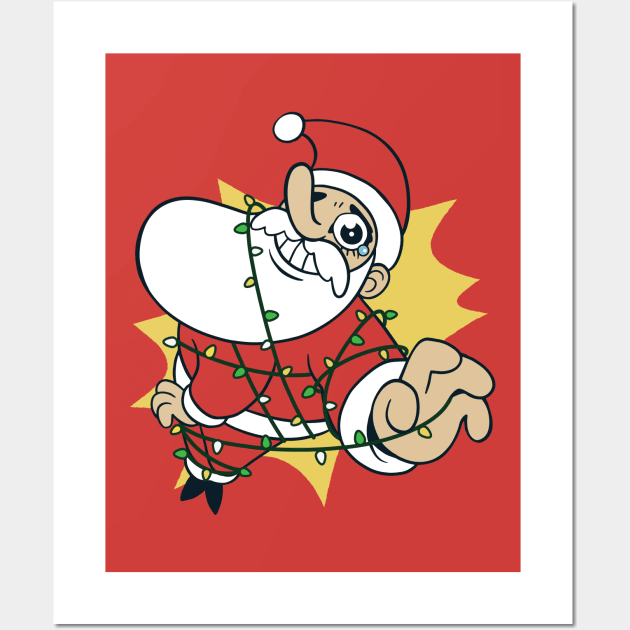 Funny Cartoon Santa Claus Caught in Christmas Lights Wall Art by SLAG_Creative